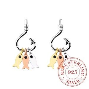 925 Sterling Silver Bohemian Tri Metal Color Fish On A Hook Earrings